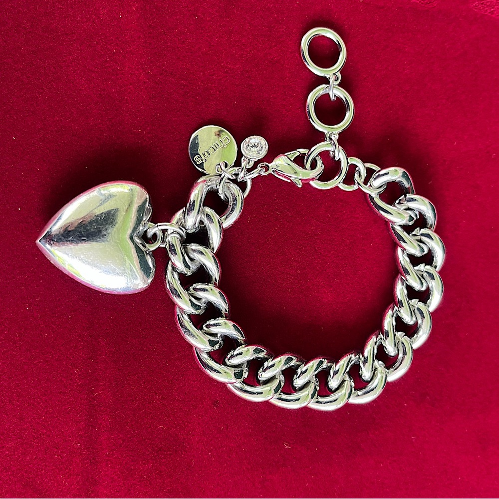 CHICOS CHUNKY SILVER ADJUSTABLE CHAIN CHARM BRACELET HEART RHINESTONE BRACELET